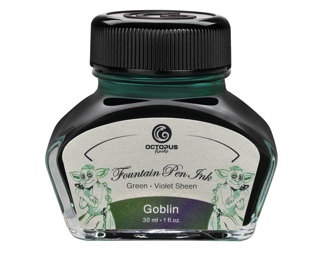 Octopus Fluids Goblin 30 mL sheen fountain pen ink bottle with its illustrated label and black cap