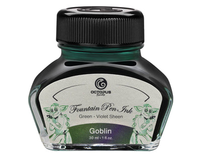Octopus Fluids Goblin 30 mL sheen fountain pen ink bottle with its illustrated label and black cap