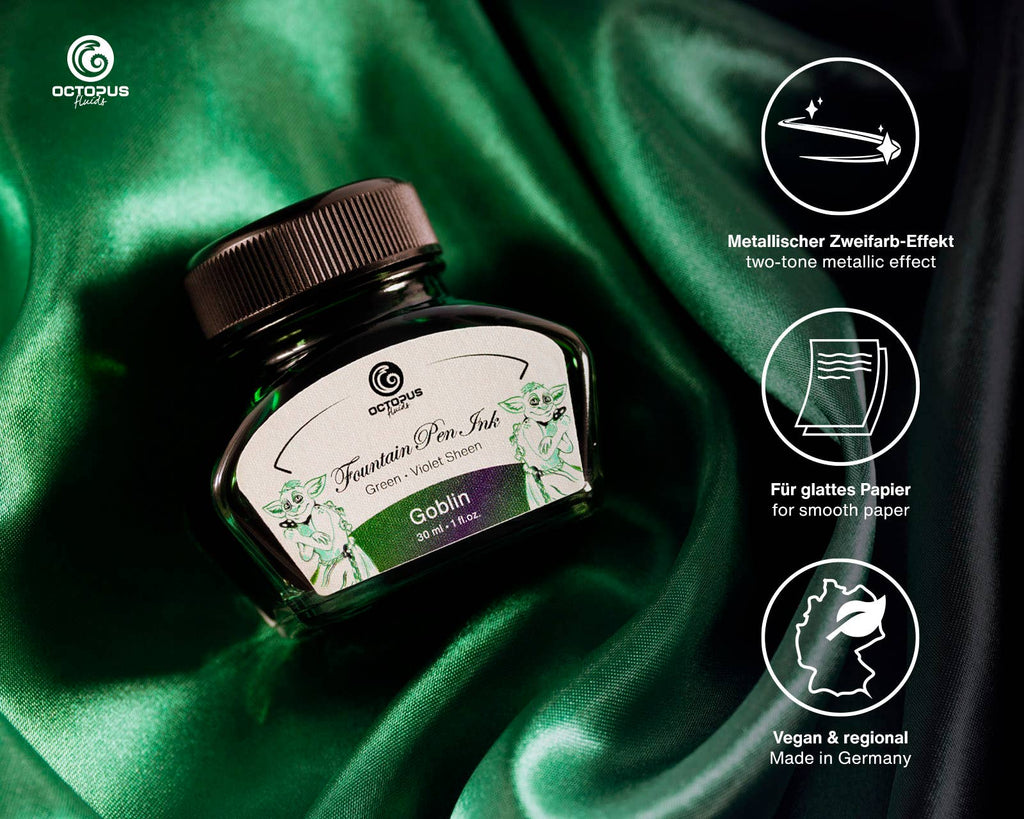 Octopus Fluids Goblin ink bottle displayed on fabric with information about its sheen effect