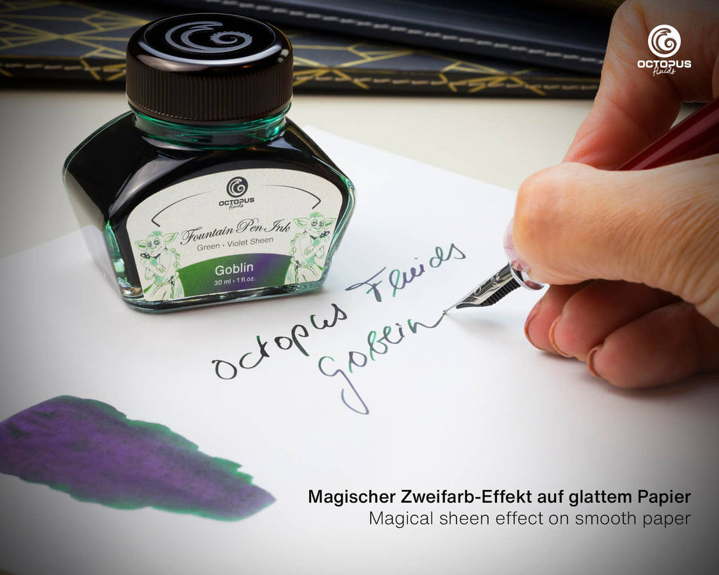 Octopus Fluids Goblin ink bottle beside a fountain pen writing example and ink swatch
