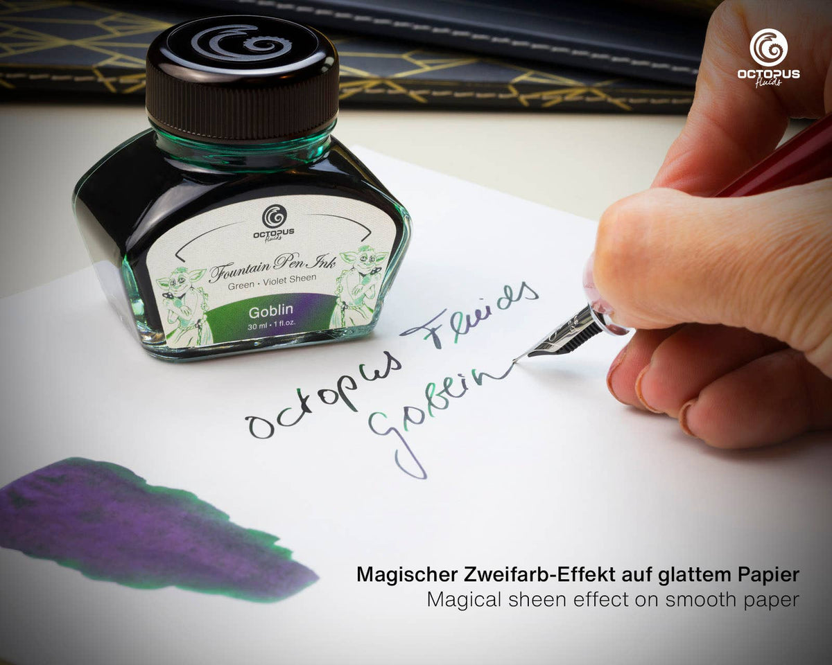Octopus Fluids Goblin ink bottle beside a fountain pen writing example and ink swatch