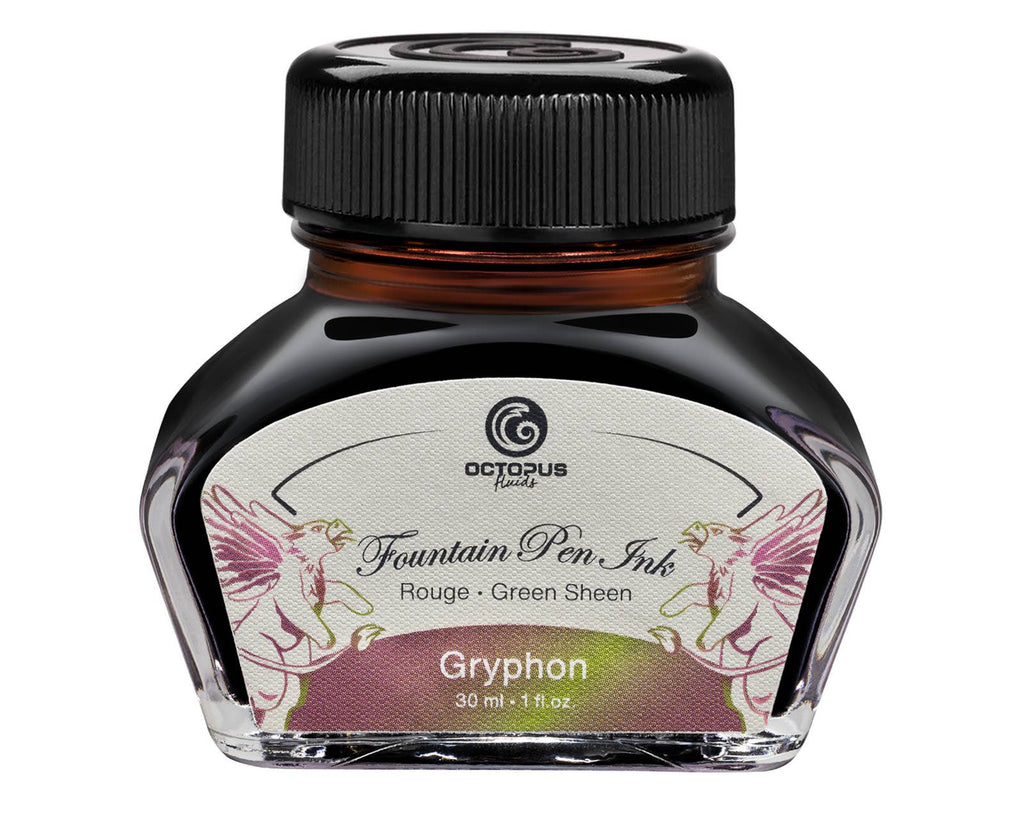 Octopus Fluids Gryphon 30 mL sheen fountain pen ink bottle with its illustrated label and black cap