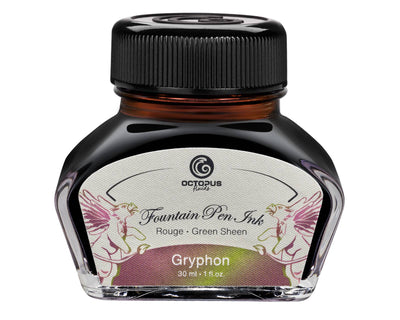 Octopus Fluids Gryphon 30 mL sheen fountain pen ink bottle with its illustrated label and black cap