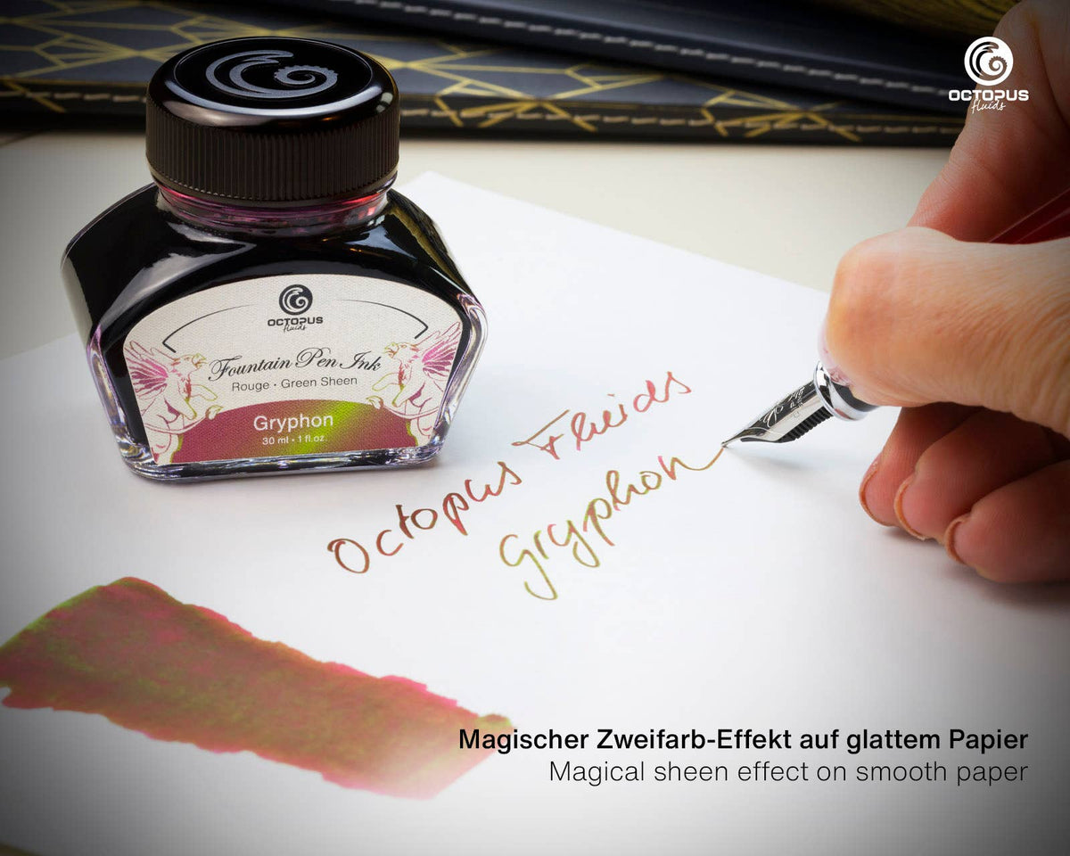 Octopus Fluids Gryphon ink bottle beside a fountain pen writing example and ink swatch
