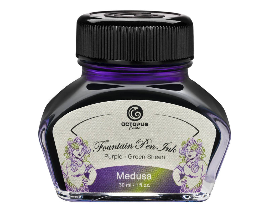 Octopus Fluids Medusa 30 mL sheen fountain pen ink bottle with its illustrated label and black cap
