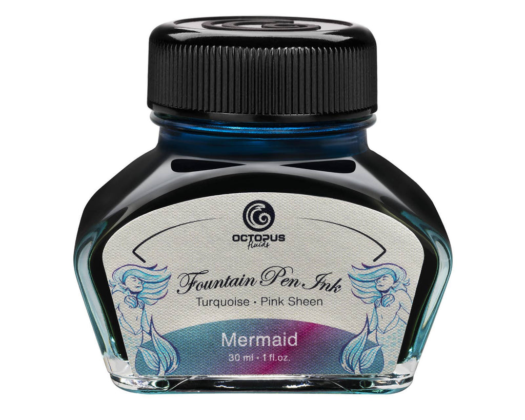 Octopus Fluids Mermaid 30 mL sheen fountain pen ink bottle with its illustrated label and black cap
