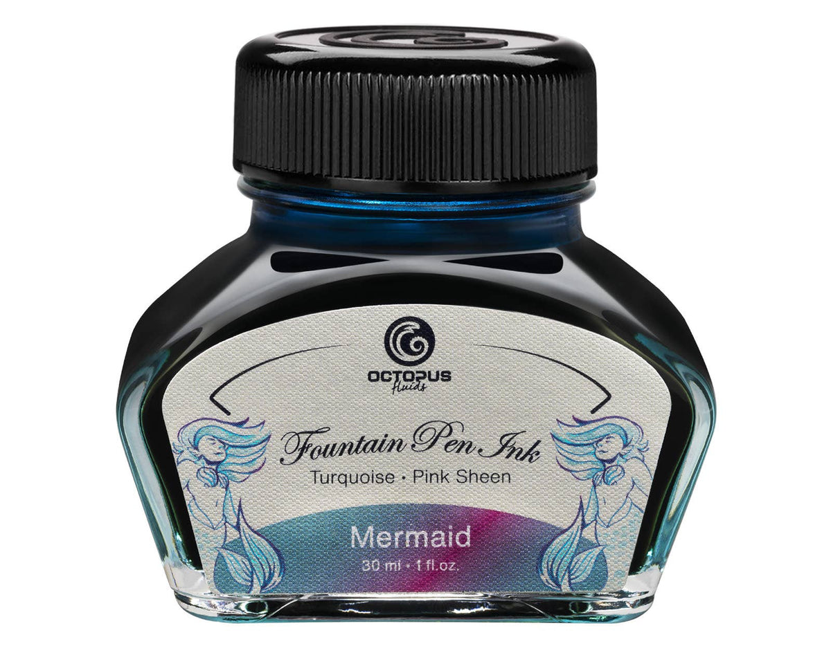 Octopus Fluids Mermaid 30 mL sheen fountain pen ink bottle with its illustrated label and black cap