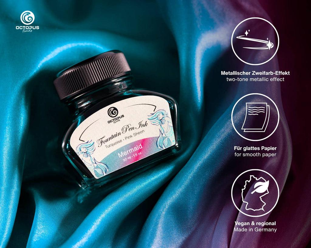 Octopus Fluids Mermaid ink bottle displayed on fabric with information about its sheen effect