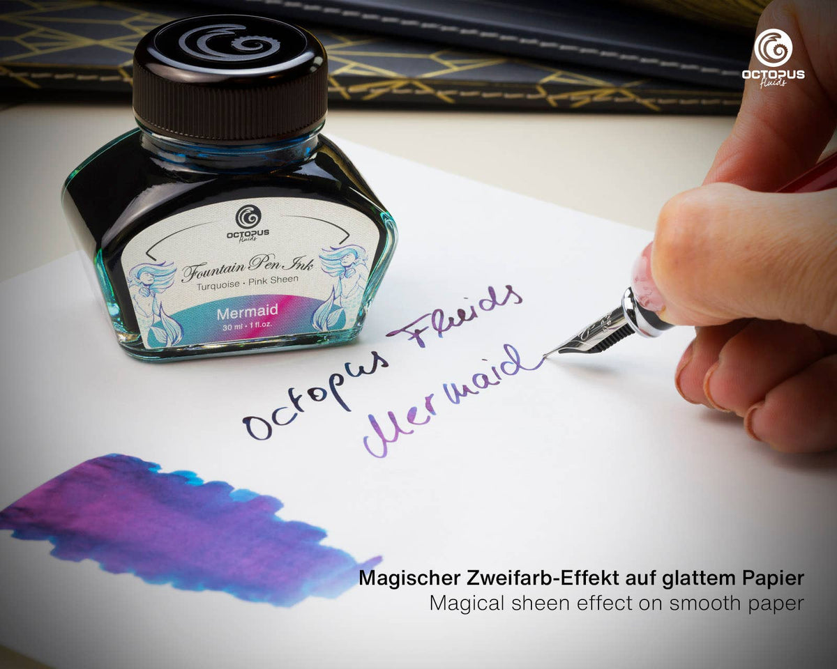 Octopus Fluids Mermaid ink bottle beside a fountain pen writing example and ink swatch