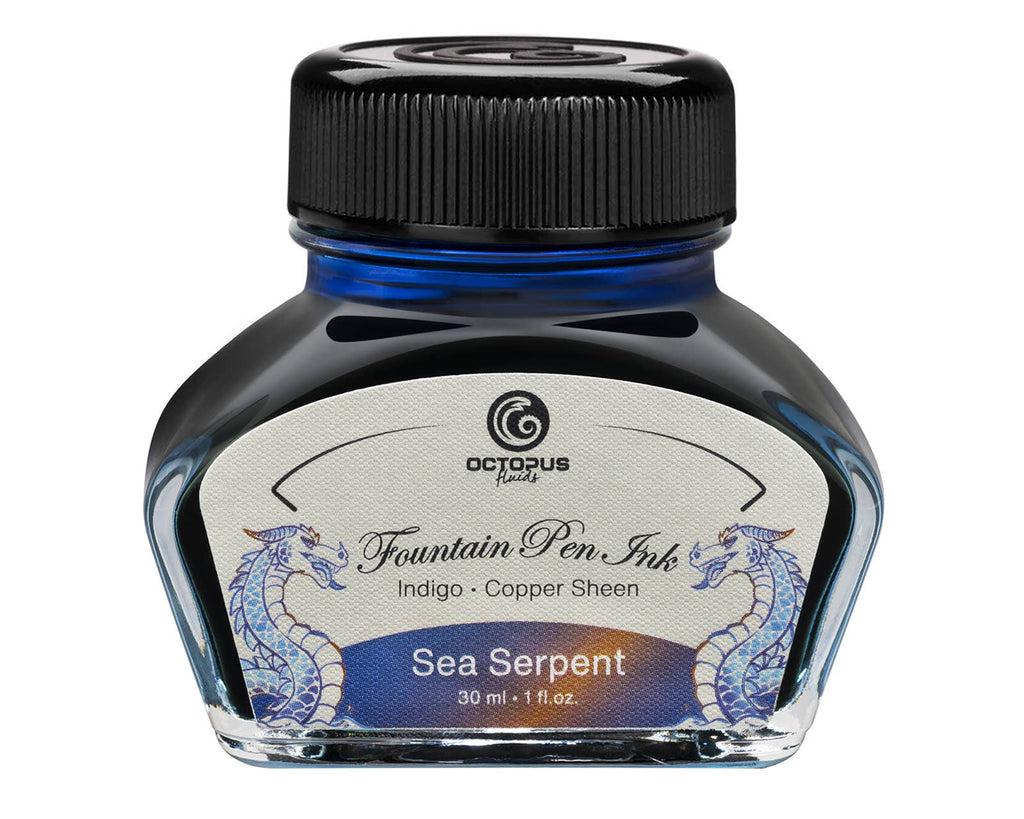 Octopus Fluids Sea Serpent 30 mL sheen fountain pen ink bottle with its illustrated label and black cap