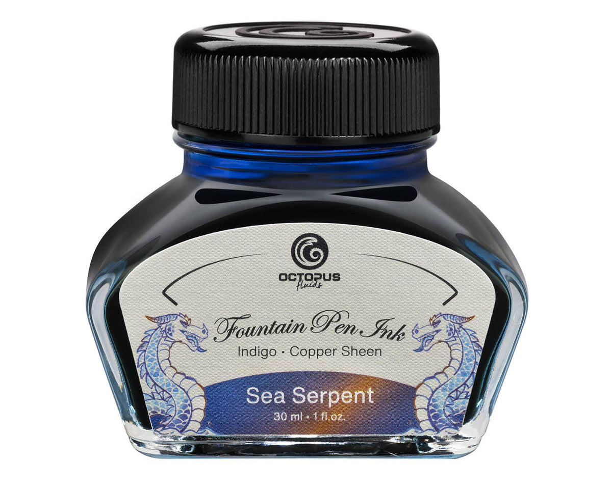 Octopus Fluids Sea Serpent 30 mL sheen fountain pen ink bottle with its illustrated label and black cap