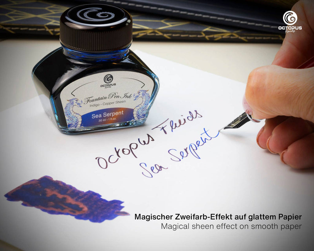 Octopus Fluids Sea Serpent ink bottle beside a fountain pen writing example and ink swatch