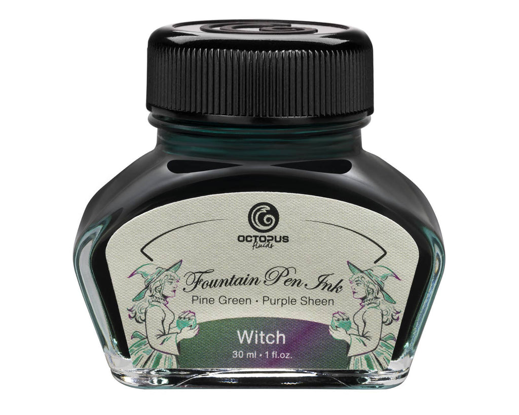 Octopus Fluids Witch 30 mL sheen fountain pen ink bottle with its illustrated label and black cap