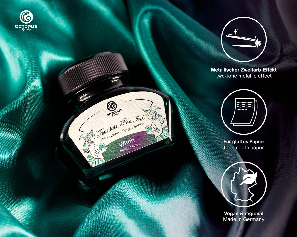 Octopus Fluids Witch ink bottle displayed on fabric with information about its sheen effect