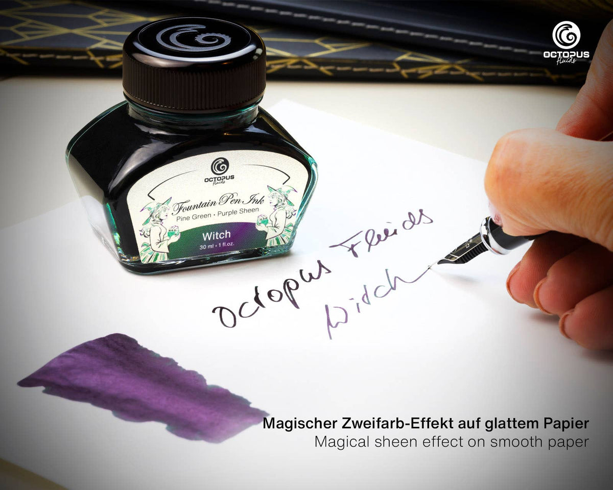 Octopus Fluids Witch ink bottle beside a fountain pen writing example and ink swatch