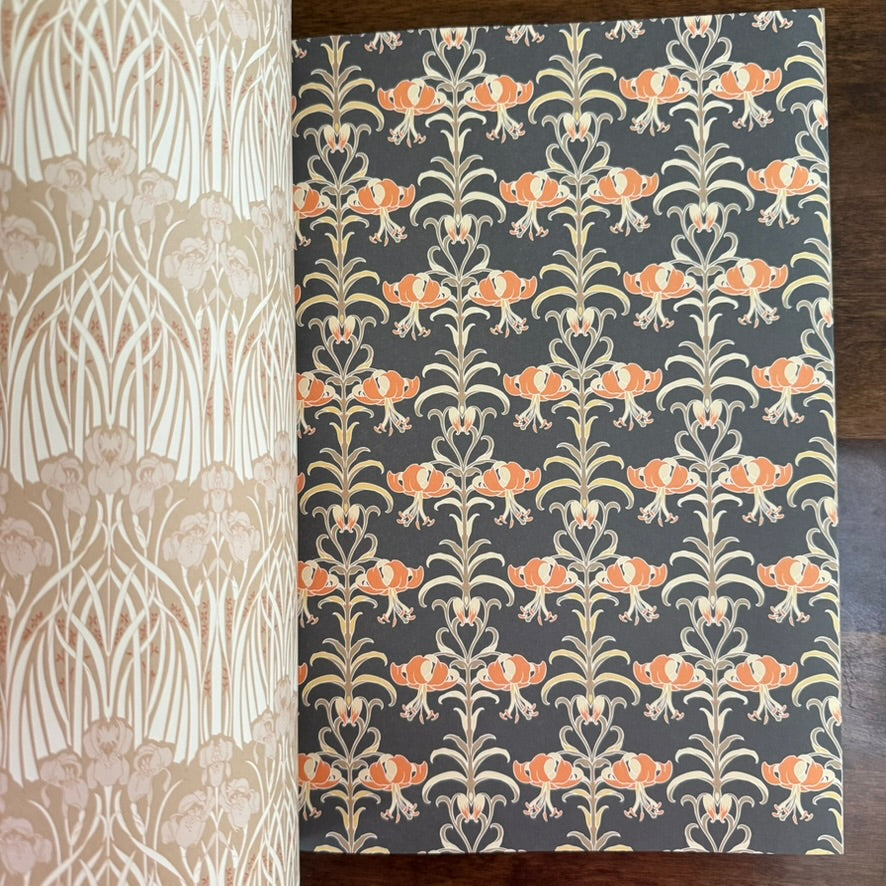 PEPIN Arts & Crafts Movement decorative papers with orange lilies on charcoal and a pale botanical pattern