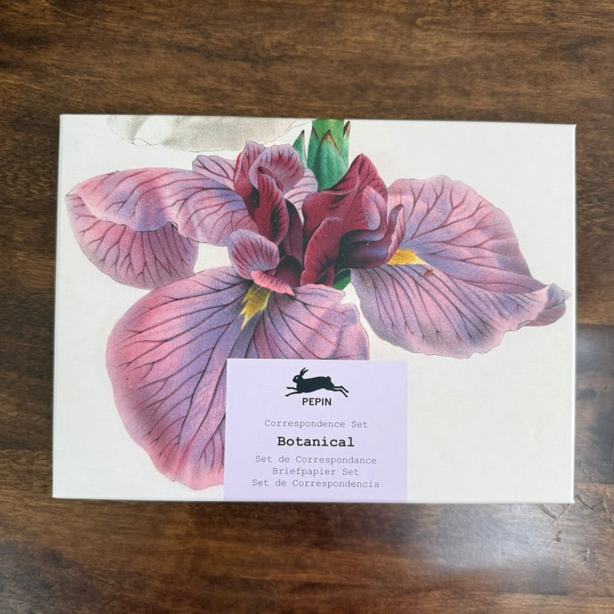PEPIN Botanical Correspondence Set closed box with a purple iris illustration