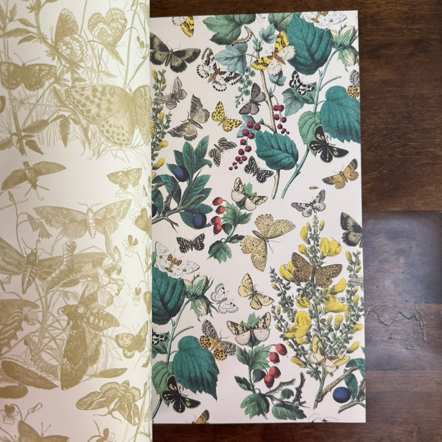 Two PEPIN Butterflies decorative paper sheets with green, gold, botanical, and butterfly designs