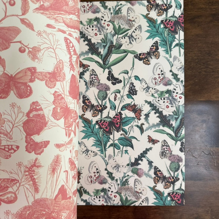 Two PEPIN Butterflies decorative paper sheets in red and green botanical designs