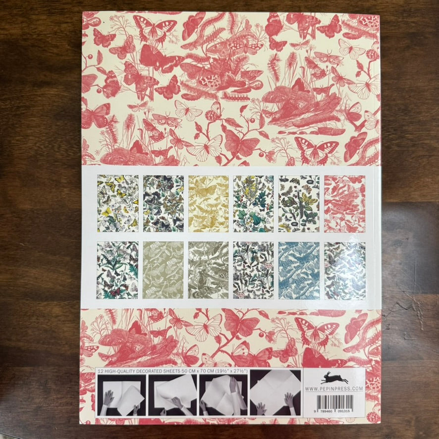Back cover of the PEPIN Butterflies Gift & Creative Paper Book showing the twelve included designs