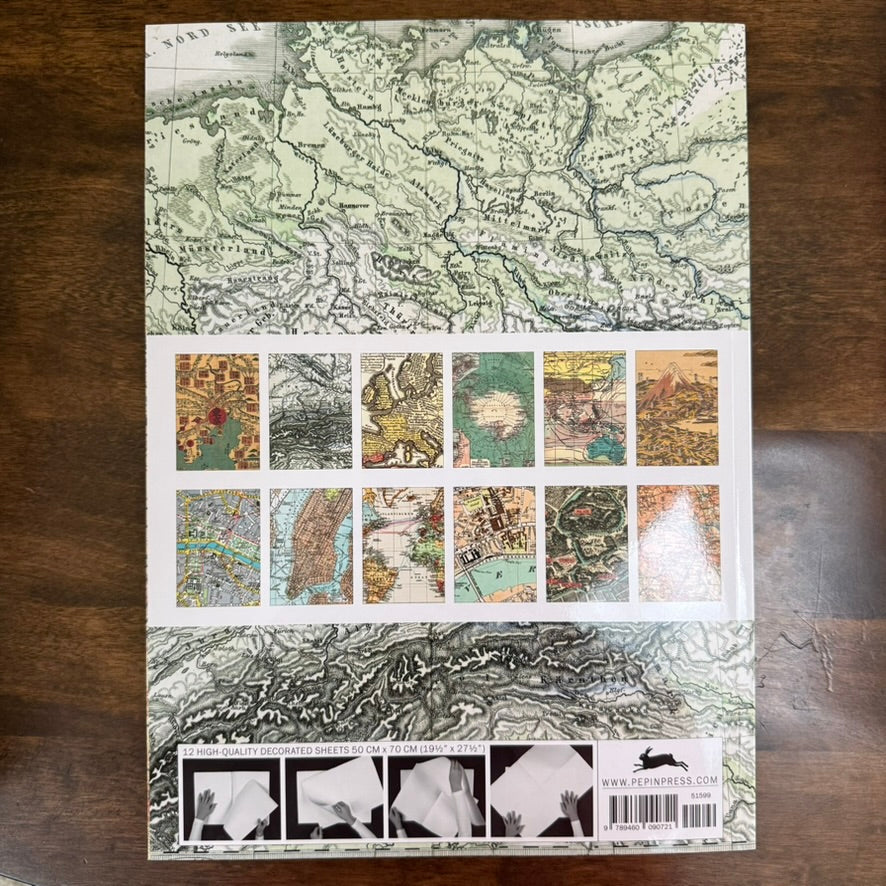 Back cover of PEPIN Maps Gift & Creative Paper Book showing all twelve map designs