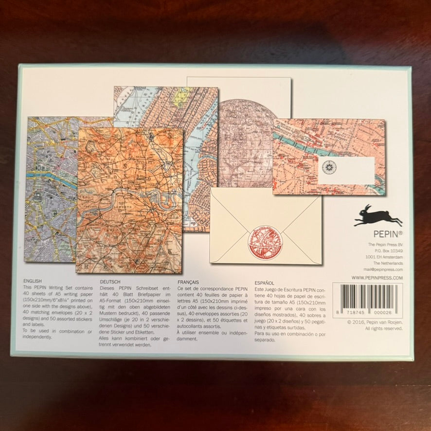 Back of PEPIN Maps Letter Writing Set showing its coordinated papers, envelopes, stickers, and labels