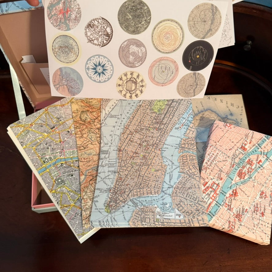 PEPIN Maps Letter Writing Set contents displayed with papers, envelopes, stickers, and labels
