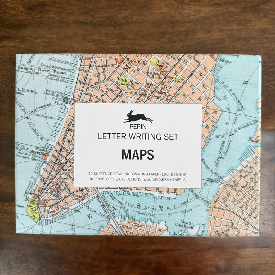 PEPIN Maps Letter Writing Set closed box with vintage Manhattan map design