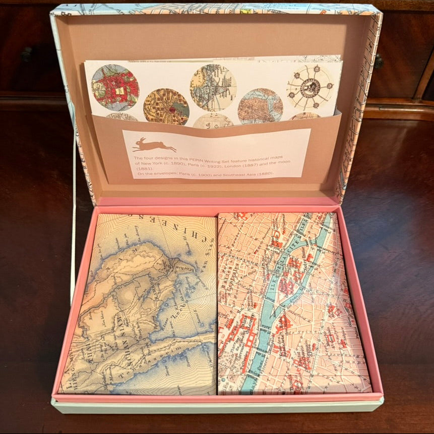 Open PEPIN Maps Letter Writing Set showing map-patterned writing paper and envelopes