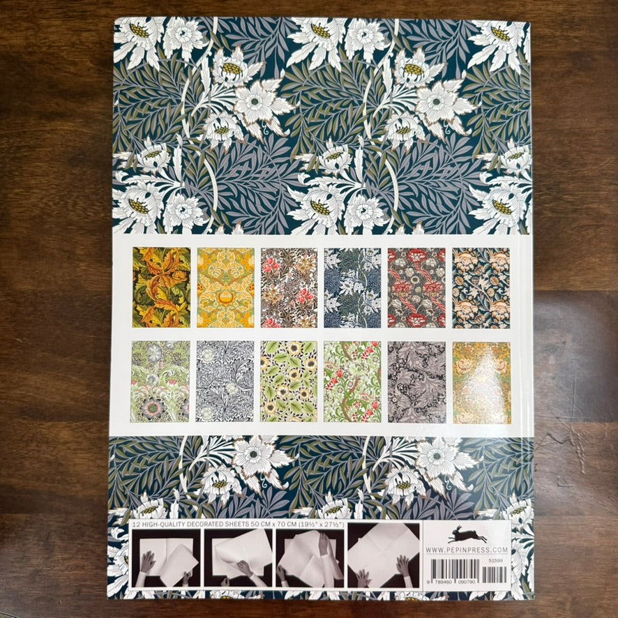 Back cover of PEPIN William Morris Gift & Creative Paper Book showing all twelve designs