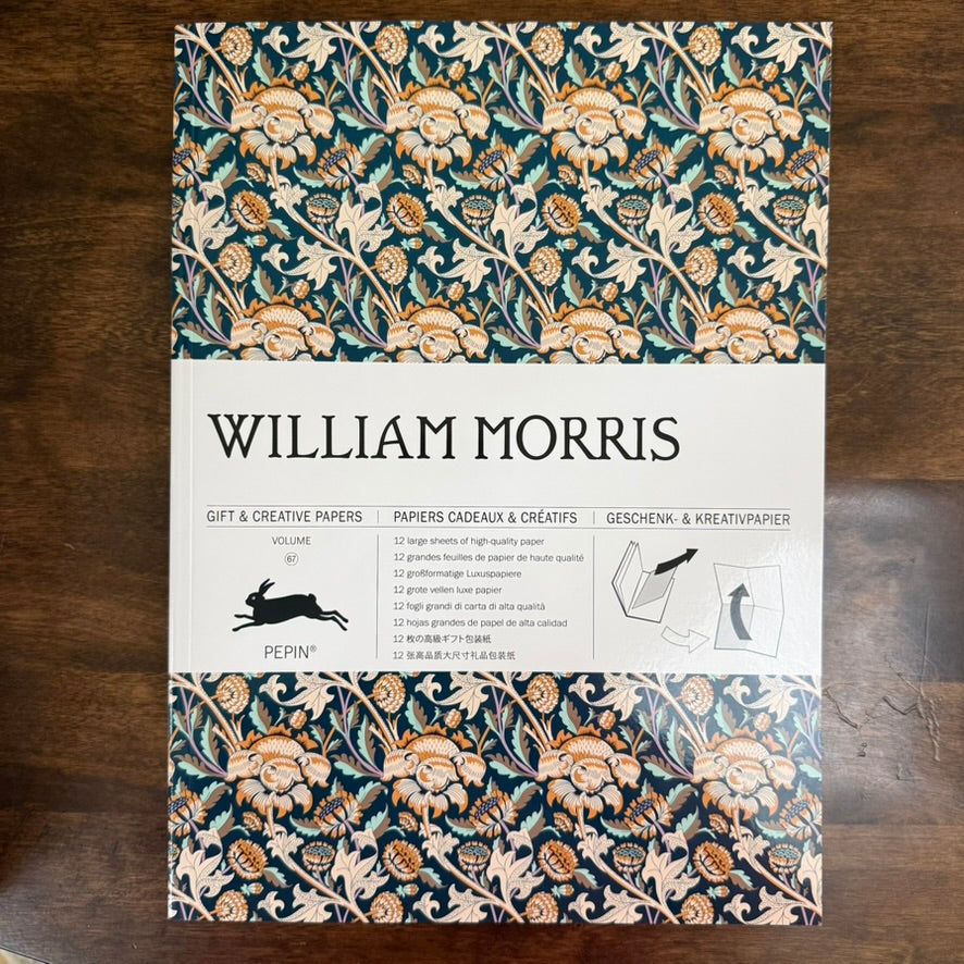 PEPIN William Morris Gift & Creative Paper Book front cover with blue and ochre floral design