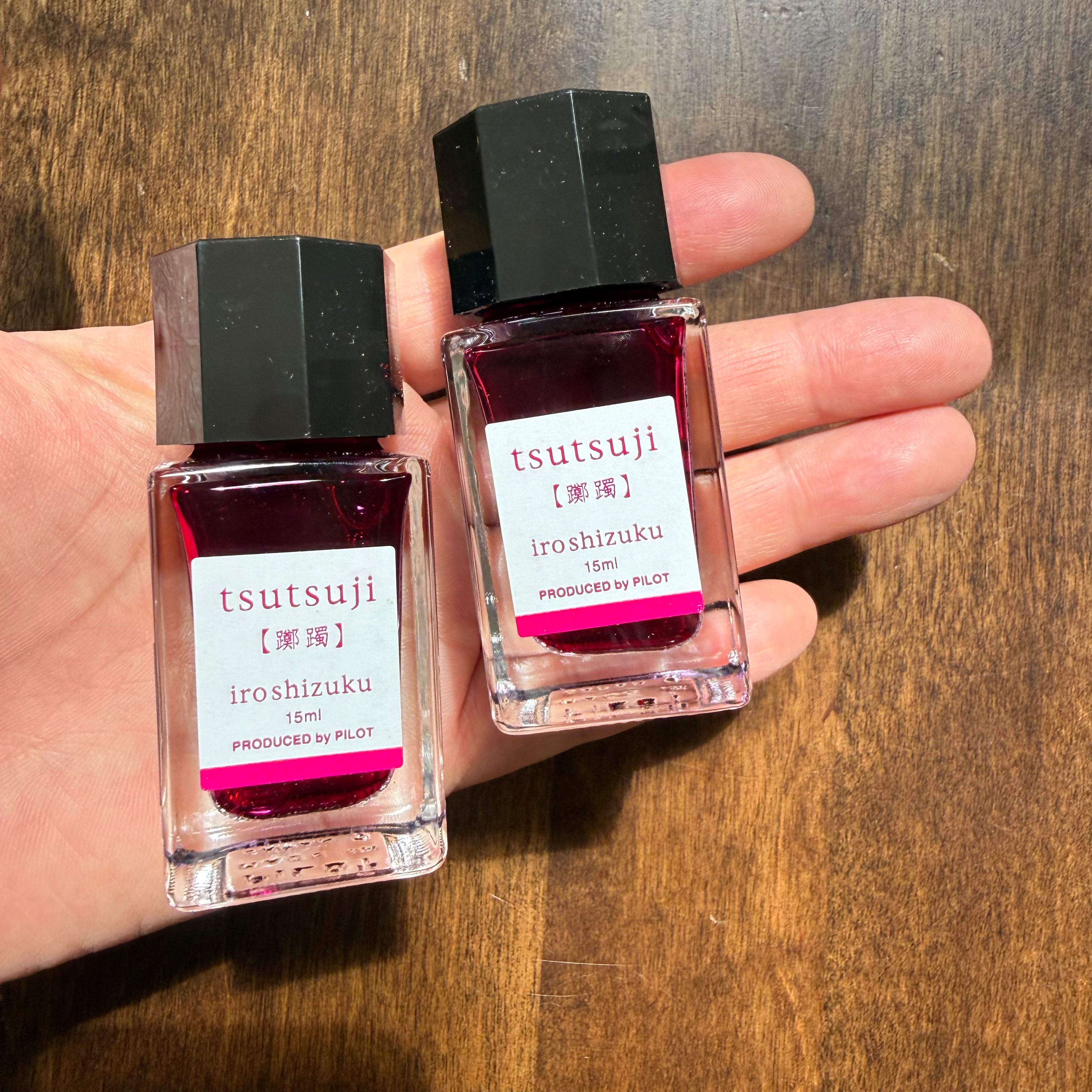 Two original 15 mL bottles of discontinued Pilot Iroshizuku Tsutsuji fountain pen ink