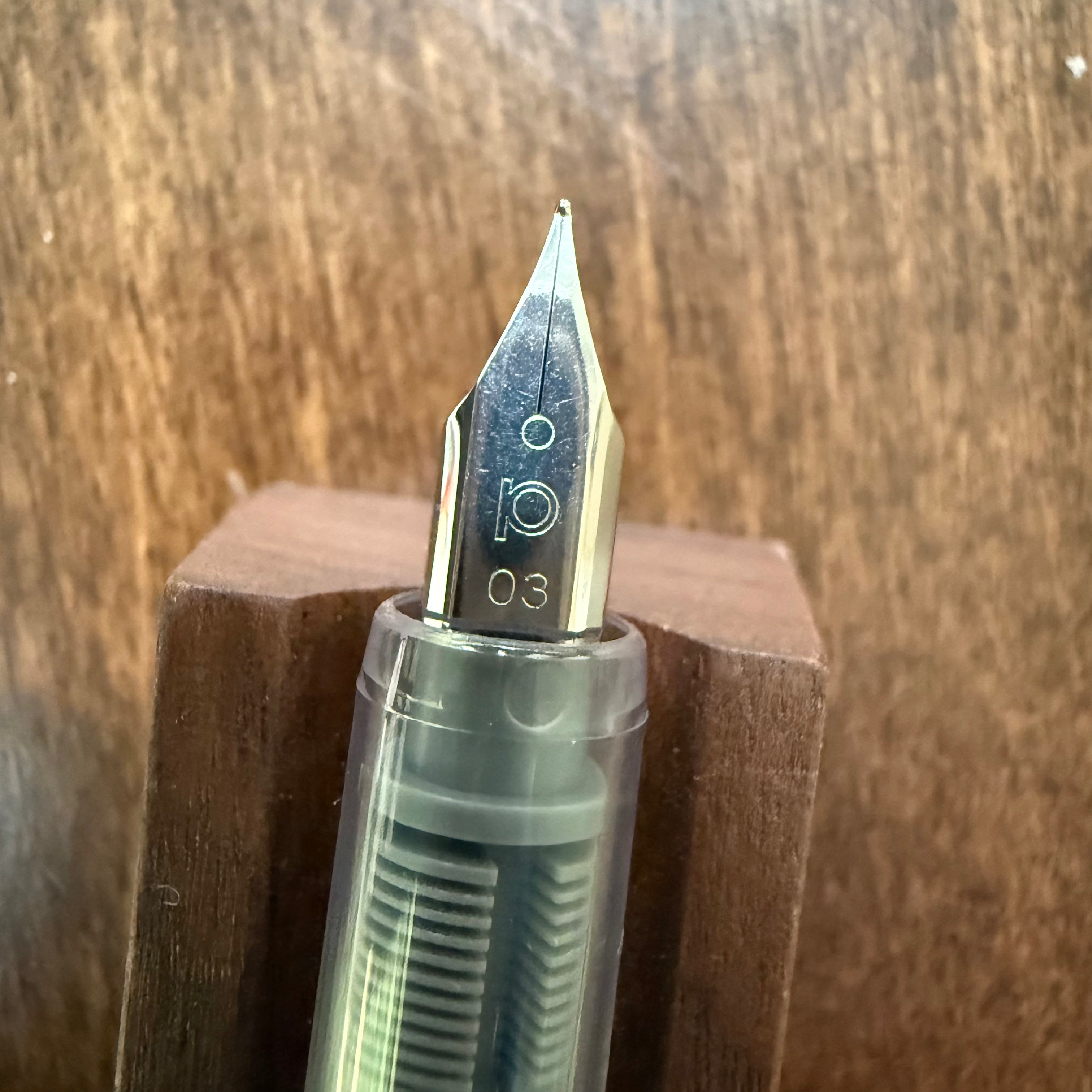 Close-up of Platinum Preppy Fine 03 stainless steel fountain pen nib