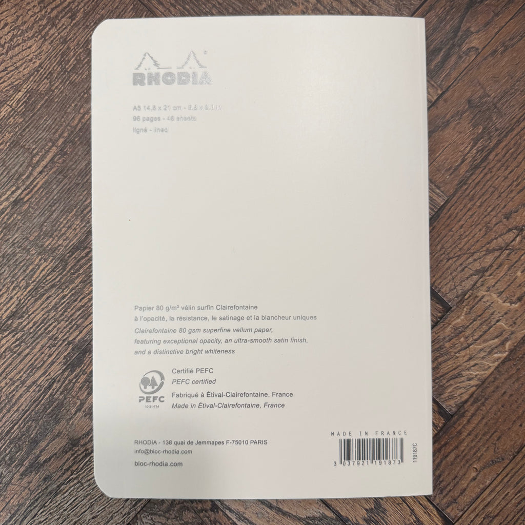 Back cover of Rhodia Ice A5 lined notebook showing 96 pages, 48 sheets, and paper specifications