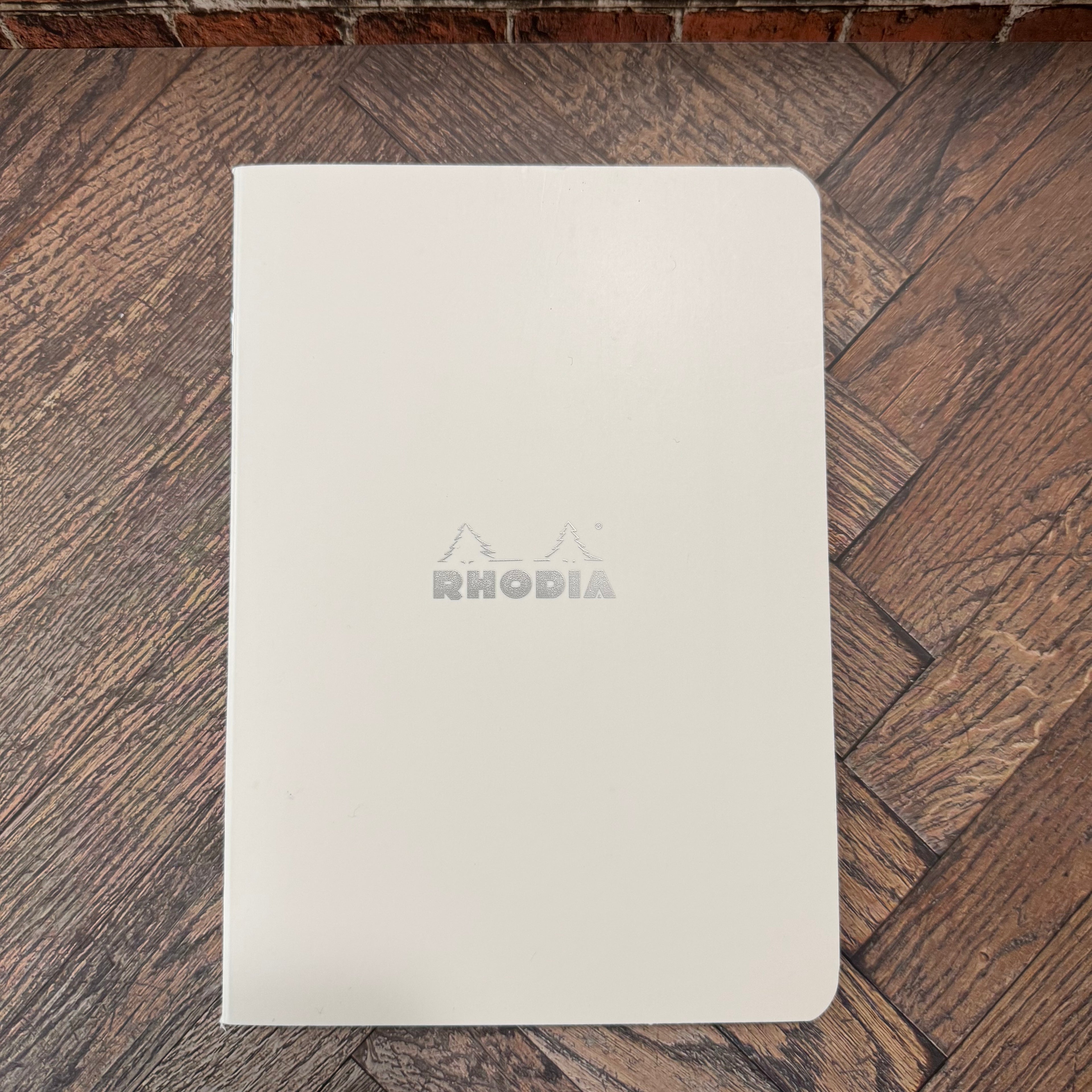White Rhodia Ice A5 lined notebook with a silver Rhodia logo and rounded corners