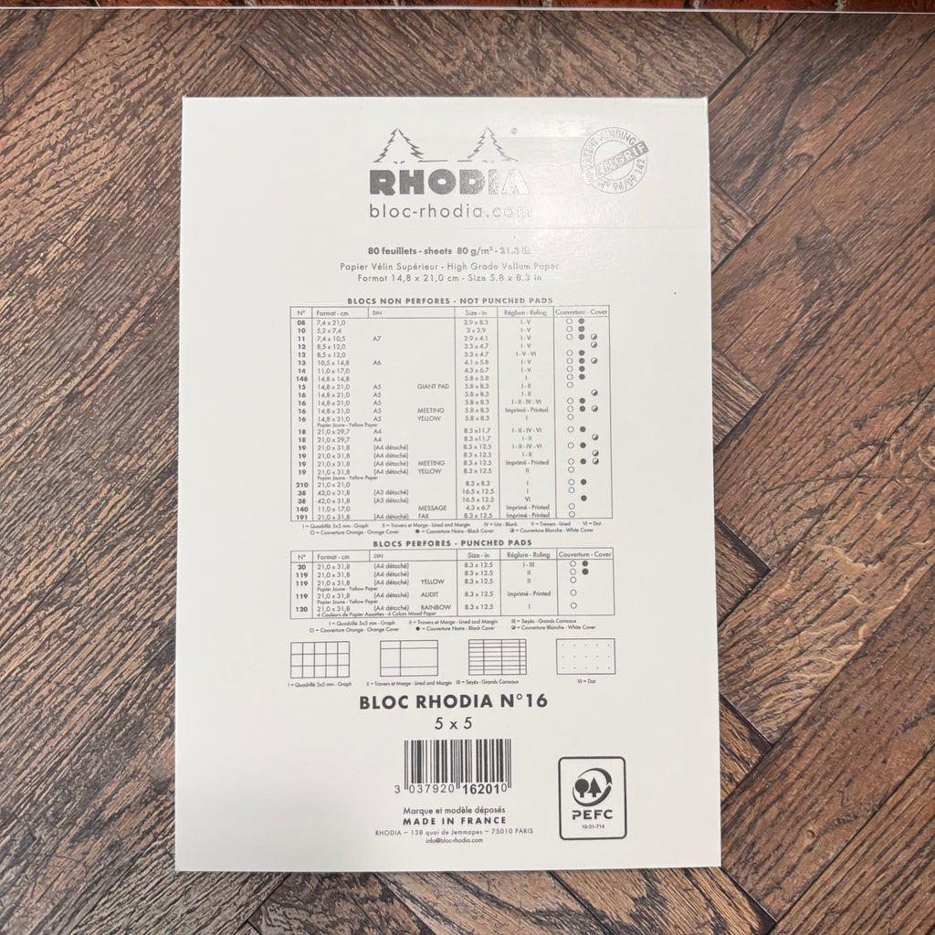 Back cover of Rhodia Ice No.16 graph pad showing 5 by 5 ruling and Made in France marking