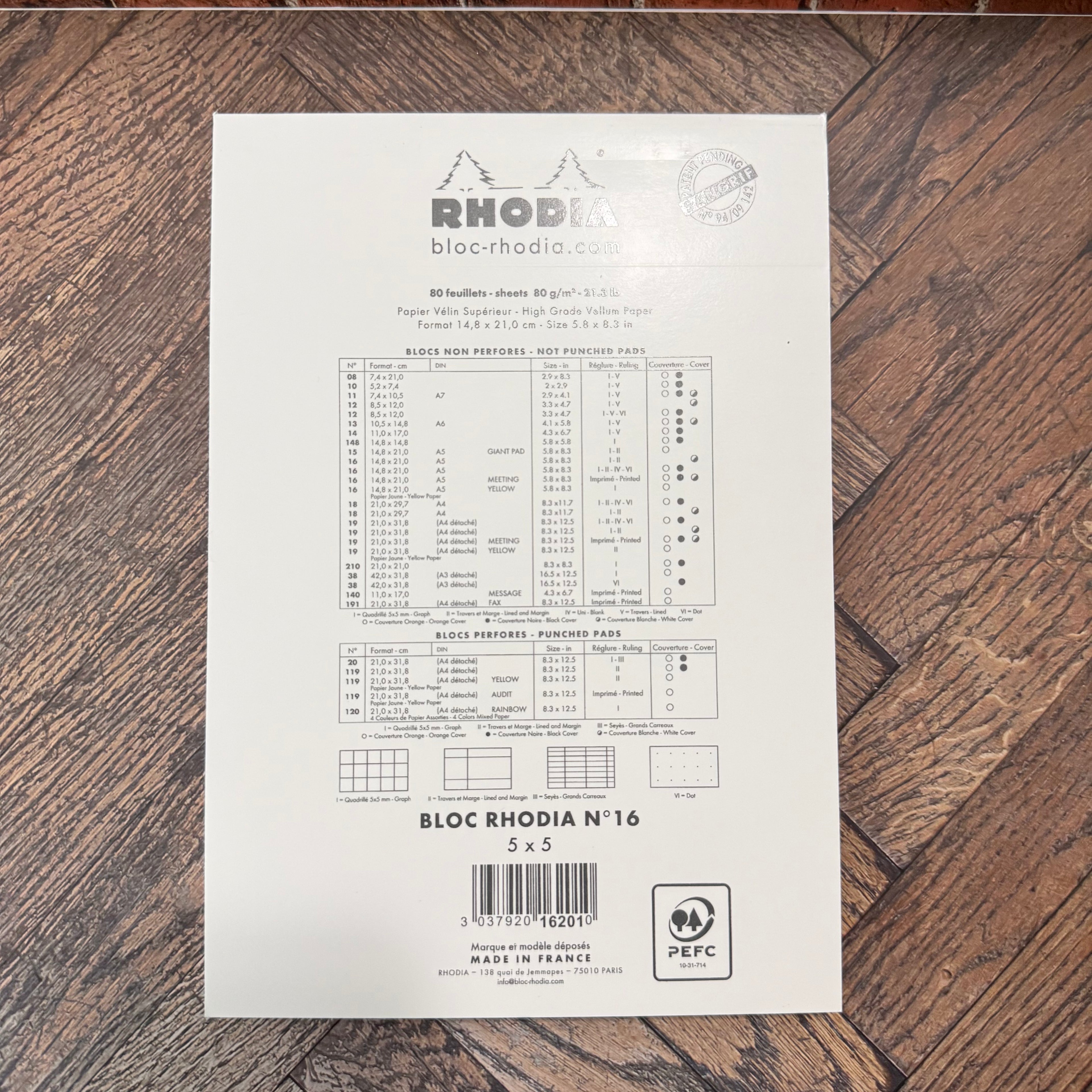Back cover of Rhodia Ice No.16 graph pad showing 5 by 5 ruling and Made in France marking