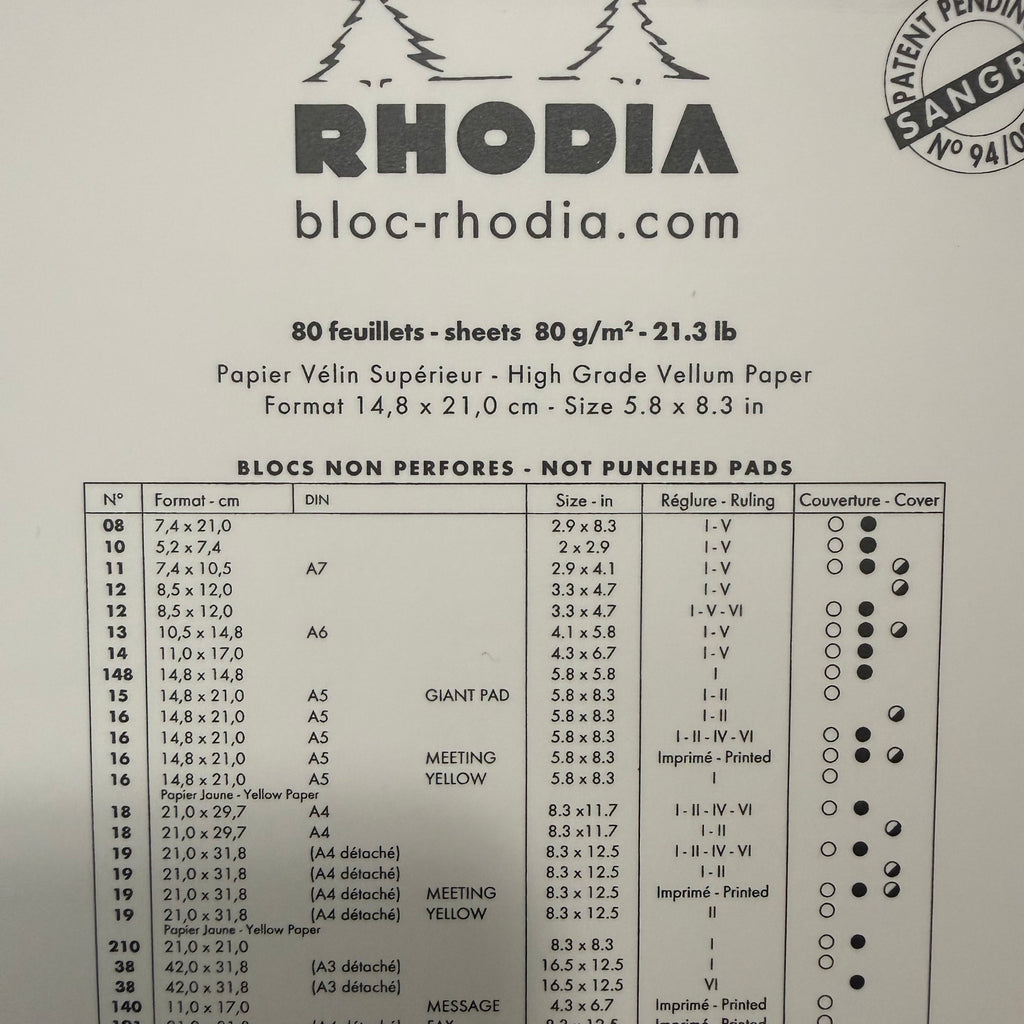 Close-up of Rhodia Ice No.16 back cover showing 80 sheets, 80 gsm paper, and A5 dimensions