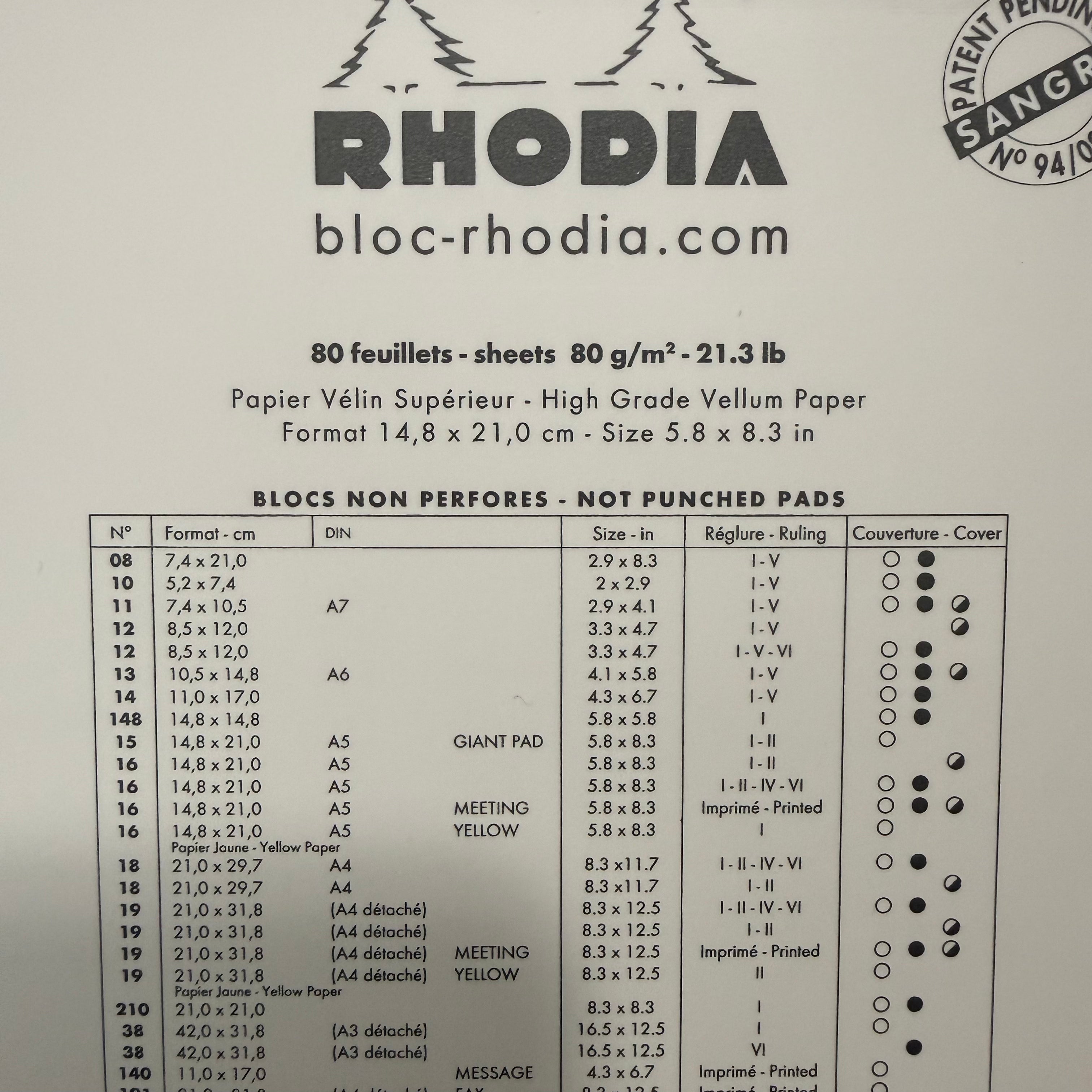 Close-up of Rhodia Ice No.16 back cover showing 80 sheets, 80 gsm paper, and A5 dimensions