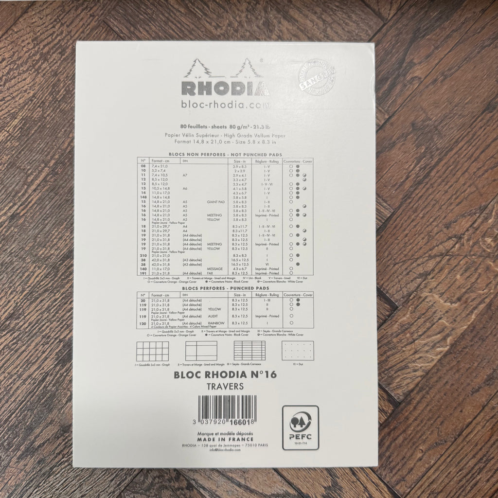 Back of Rhodia Ice No.16 notepad showing A5 dimensions, 80 gsm paper specifications, and Made in France marking