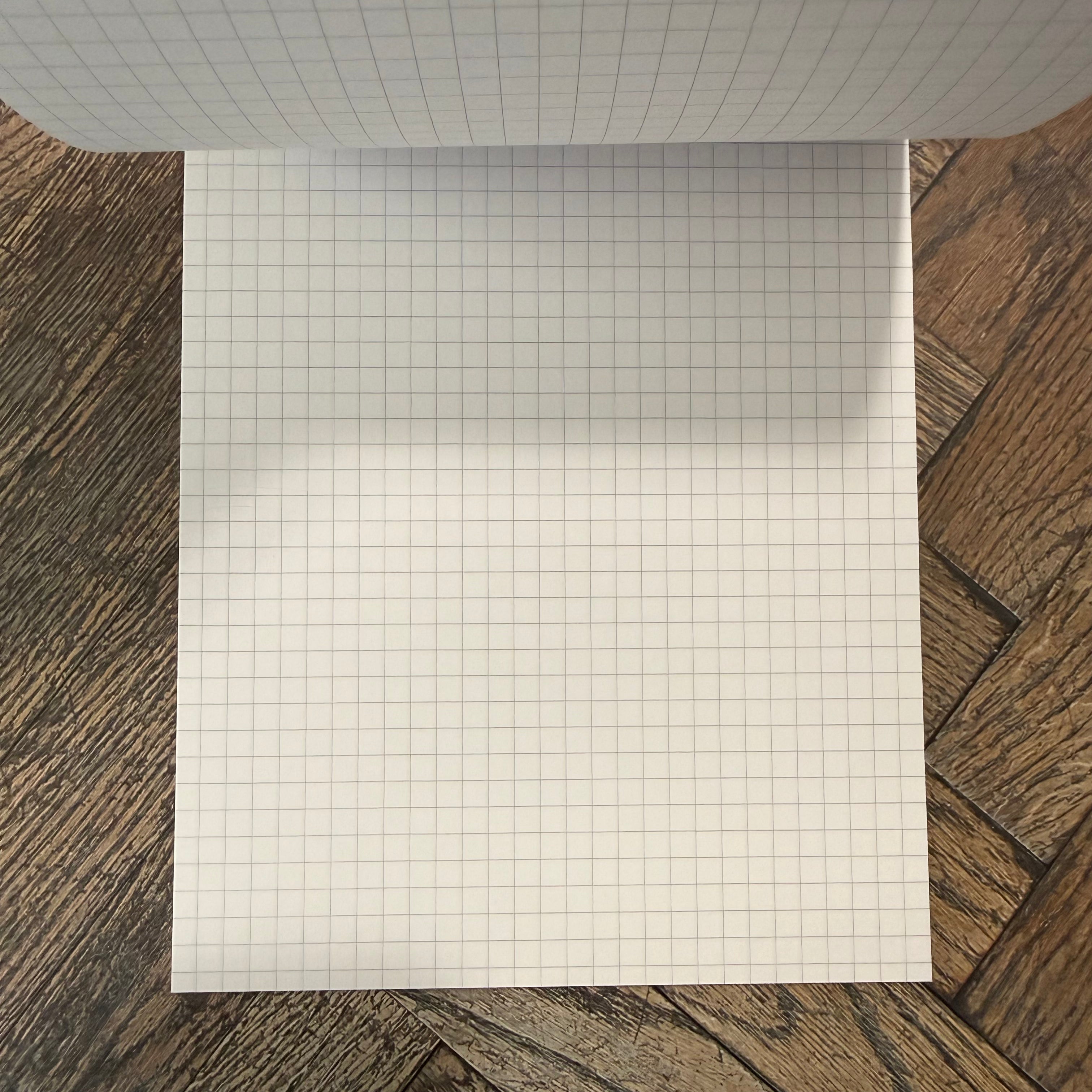 Open Rhodia Ice A5 notepad showing silver-grey 5 mm graph paper and folded-back pages