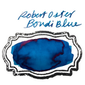 Robert Oster Bondi Blue fountain pen ink swatch showing a vivid turquoise-blue color with dark blue and reddish-purple shading.