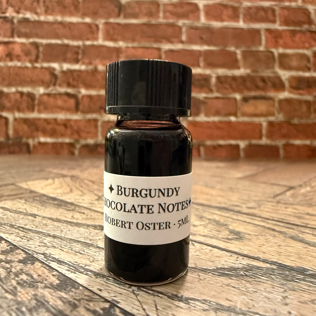 Boston Lore Studio 5 mL specimen bottle of Robert Oster Burgundy Chocolate Notes fountain pen ink with printed label