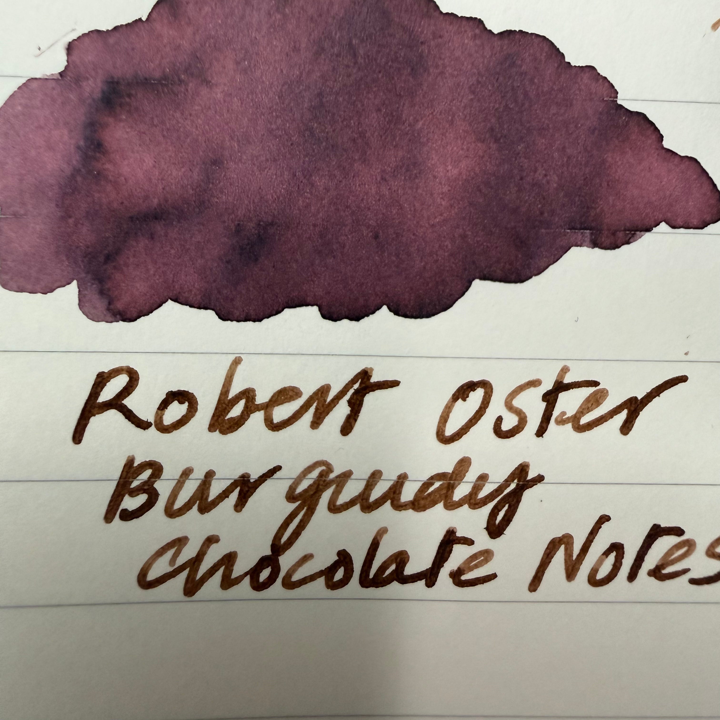 Swatch and handwritten sample of Robert Oster Burgundy Chocolate Notes fountain pen ink on lined paper