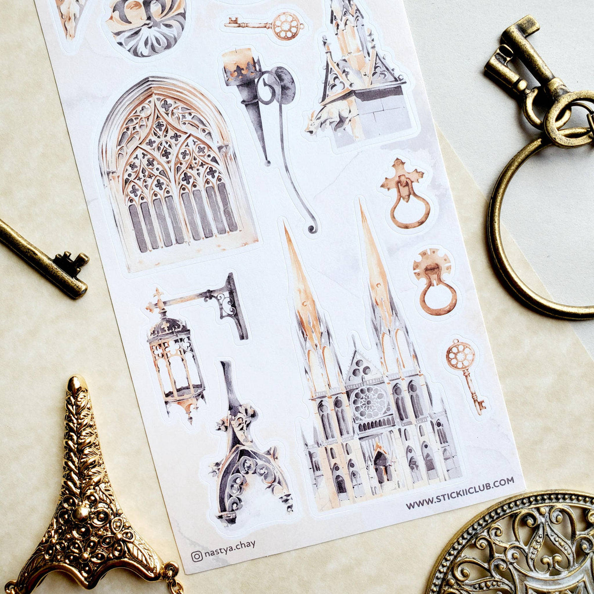 Alternate view of the STICKII Gothic Architecture in Watercolor sticker sheet