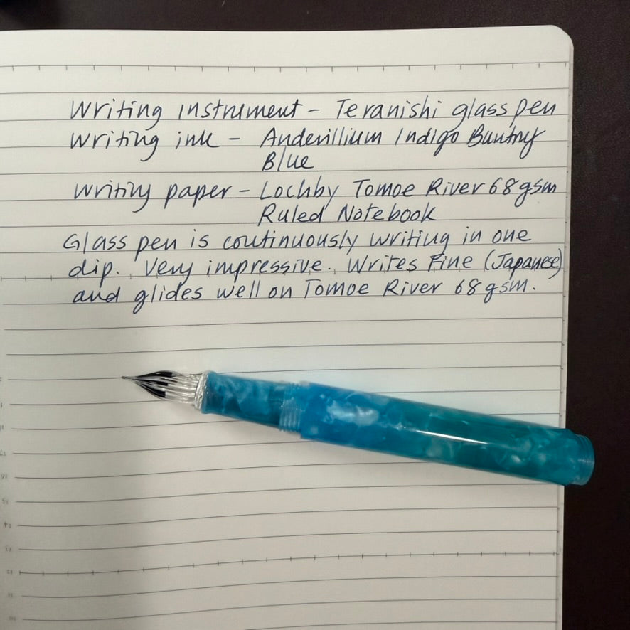 Writing sample made with Teranishi Aurora Long glass dip pen and bottled fountain pen ink