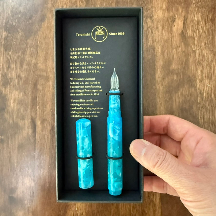 Teranishi Guitar Aurora Long glass dip pen with cap in Jelly Blue