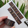 The Creeping Moon Bookshelf washi tape showing the illustrated bookshelf pattern