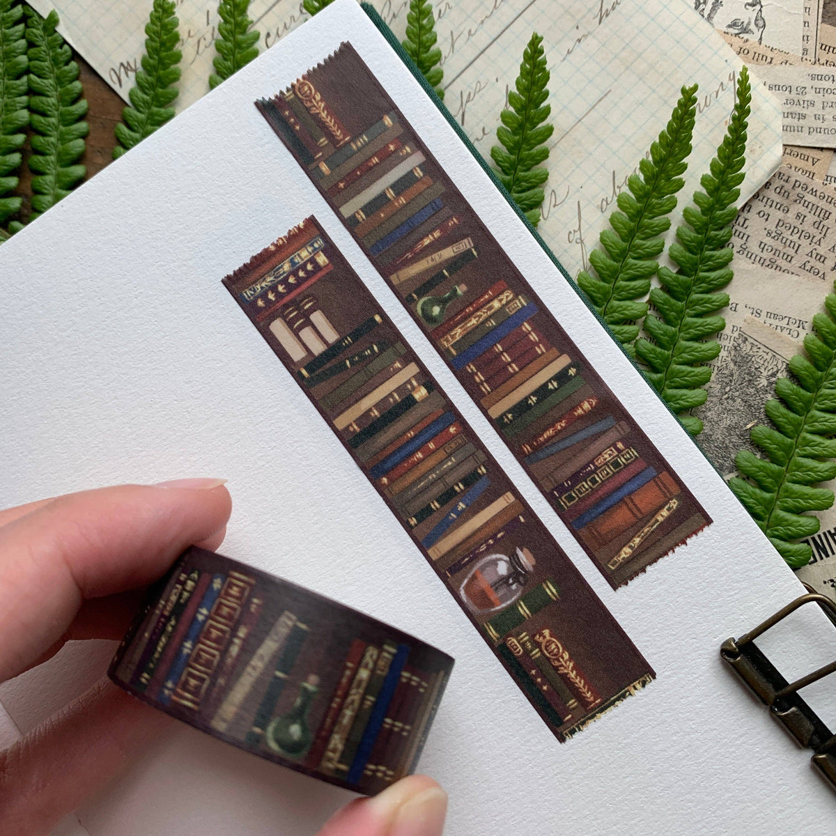 The Creeping Moon Bookshelf washi tape showing the illustrated bookshelf pattern