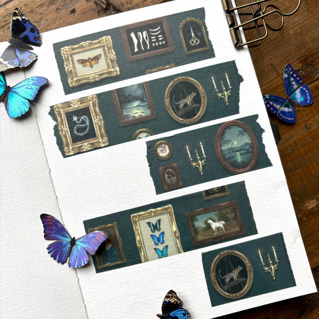 The Creeping Moon Gallery Wall washi tape showing framed vintage artwork and curiosities